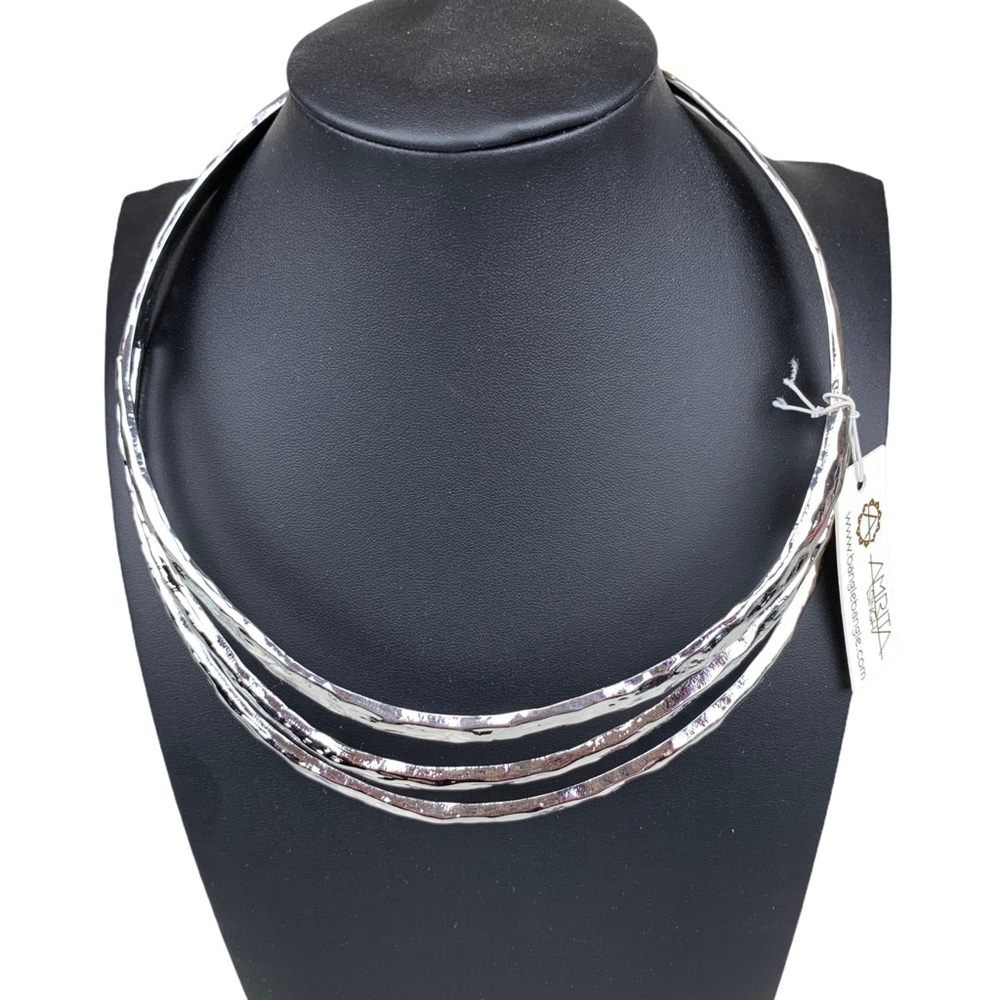 Silver Hammered 3 Row Tiered Collar Necklace - Picture 4 of 11
